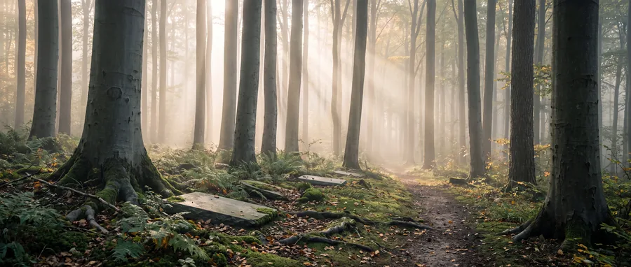 Alte Buchen im Morgennebel, Moos und Farne am Waldboden