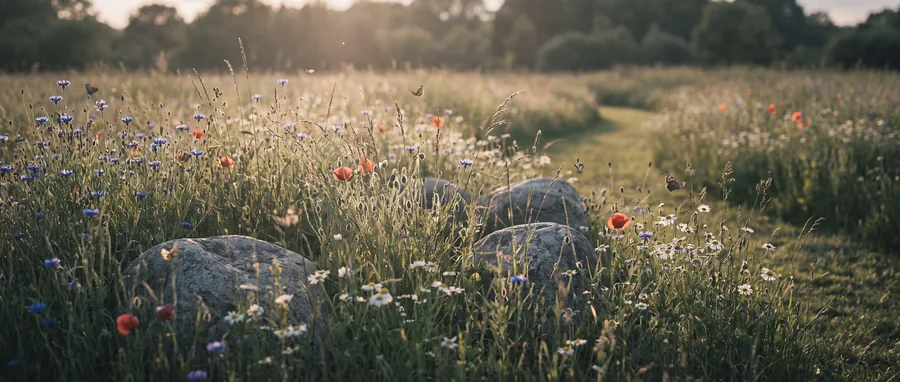 Sommerliche Blumenwiese mit hohen Gräsern im Gegenlicht
