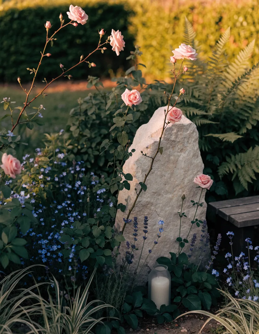 Würdevoller kleiner Gedenkgarten mit hellem Naturstein, Rosen, Vergissmeinnicht und Kerzenlicht