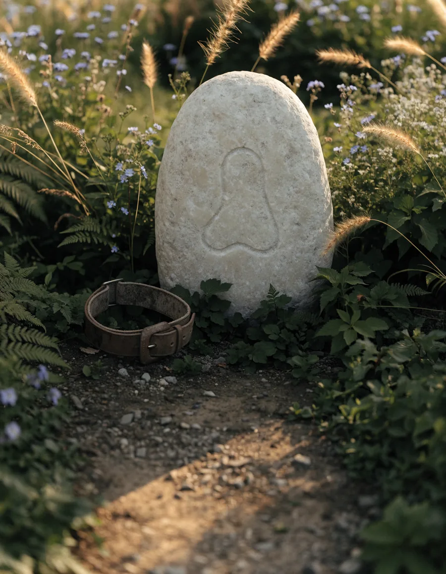 Liebevoller Tiergedenkgarten mit hellem Erinnerungsstein, dezenter Pfotenspur, Wildblumen und Halsband